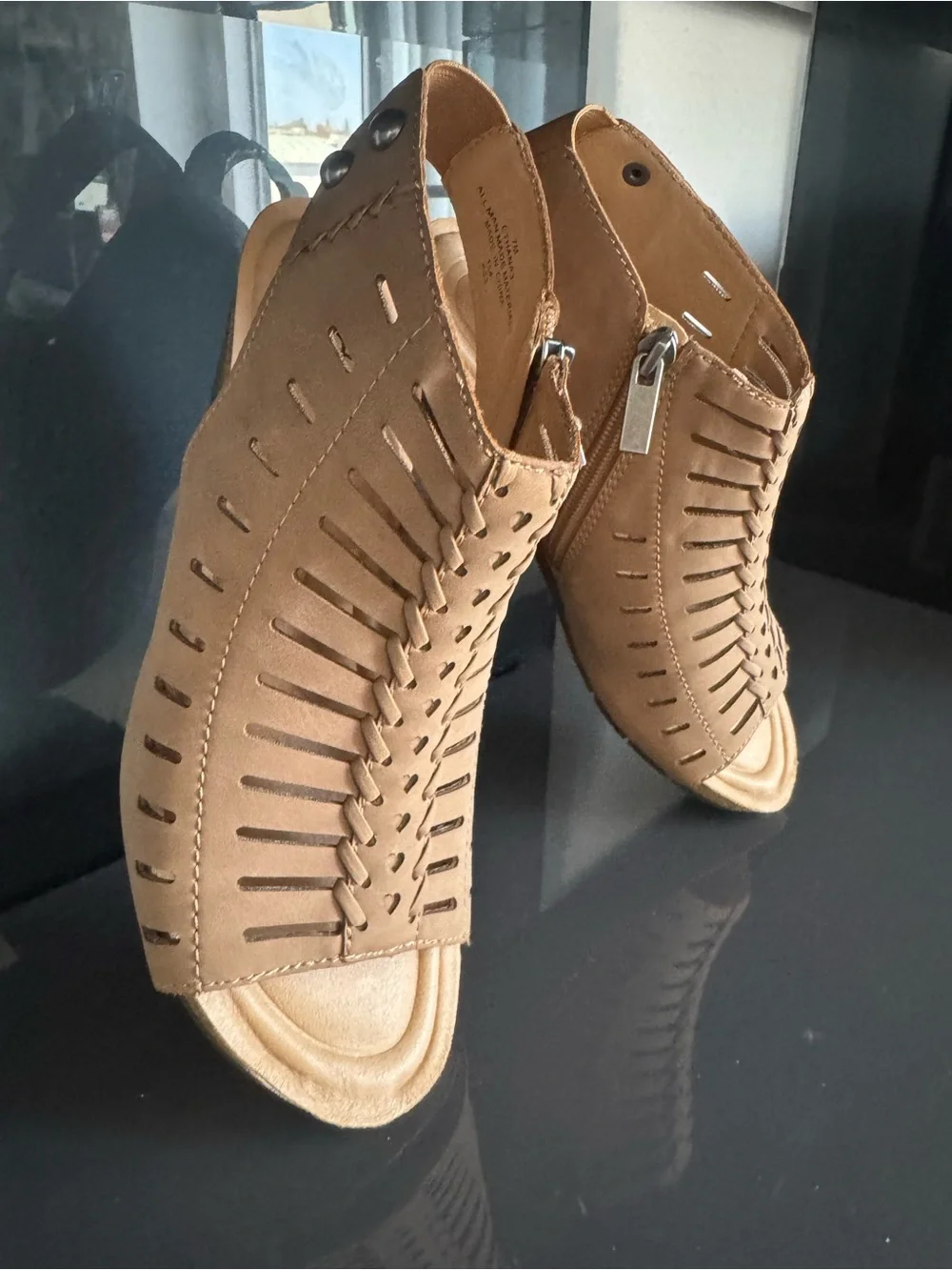 Earth Tan Cutout Wedge Sandals with Side Zip